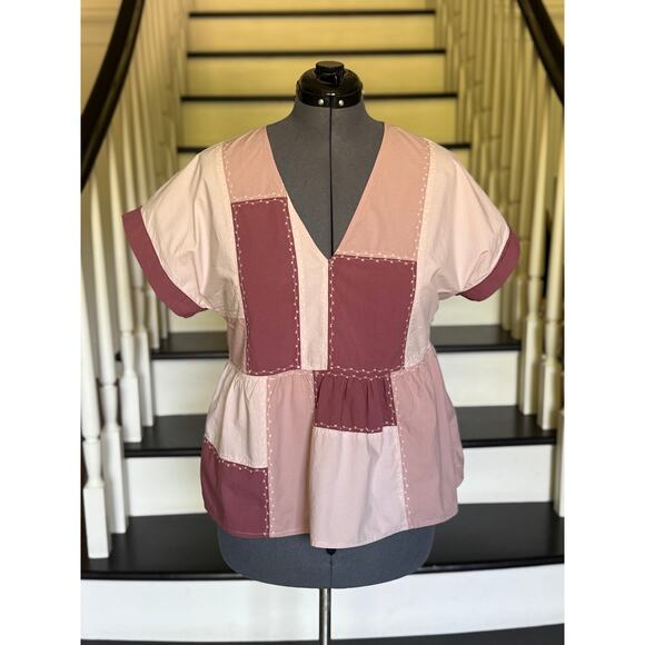 Madewell Signature Poplin Patchwork Peplum Top Rustic Coastal Boho Summer Casual - Picture 3 of 11